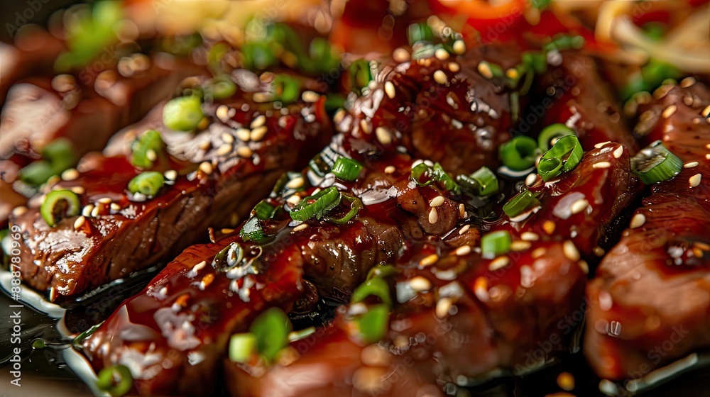 A closeup view of a beef teriyaki entree A closeup view of a beef teriyaki entree