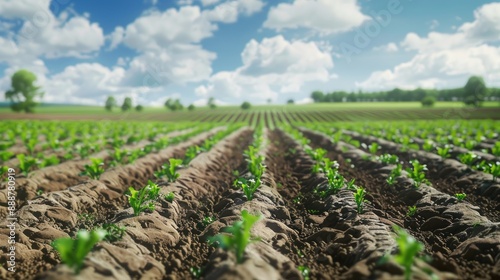 Obraz na płótnie Half of field is planted with a carrot plantation and second part is ready for sowing Converting to agricultural land Land cultivation European organic farming More adapted crop plants w salonie