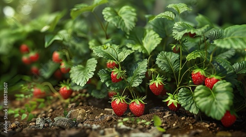 Garden strawberry bushes on the farmer s bed Fragment photo
