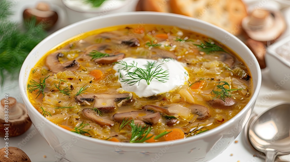 Delicious sauerkraut soup with mushrooms dill and sour cream served on white table Delicious sauerkraut soup with mushrooms dill and sour cream served on white table