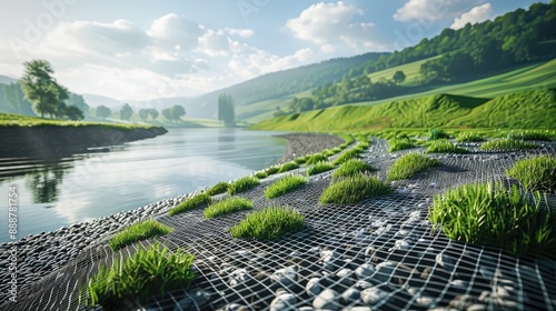 gravel mesh to strengthen the soil and gravel on the slope green grass grown through plastic mesh cells on the slope near the river bank photo