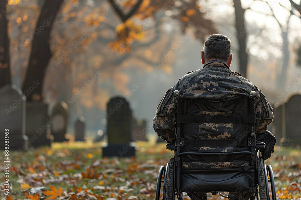 Tragic consequences of war for people, injuries and ruined lives. Back of disabled man in military uniform who sits in a wheelchair in a cemetery. Tragic consequences of war for people, injuries and ruined lives. Back of disabled man in military uniform who sits in a wheelchair in a cemetery.
