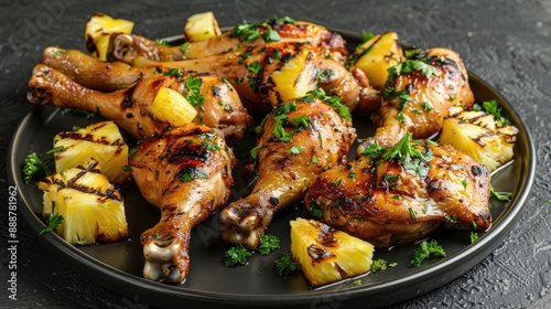 Chicken legs grilled with pineapple pieces Baked chicken meat on a black plate photo