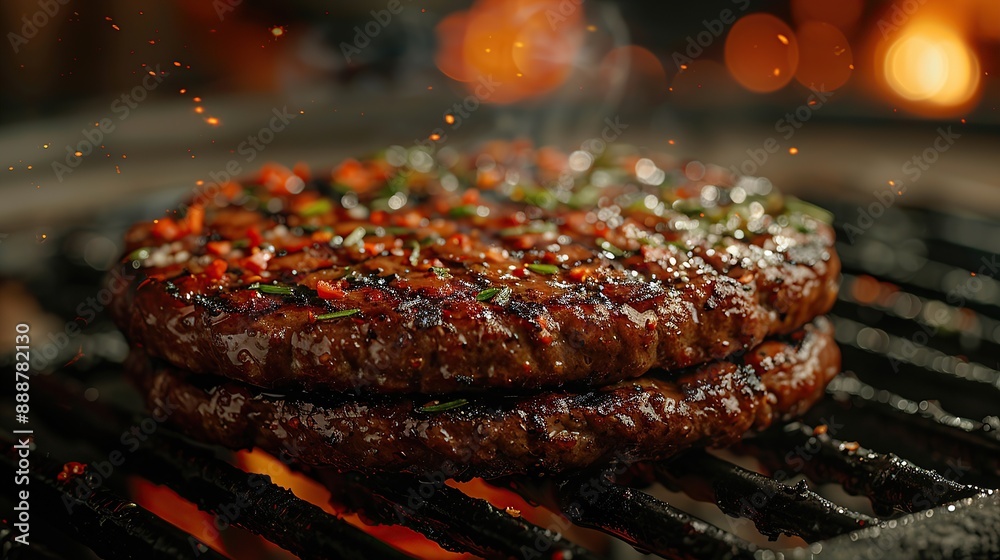 Cooking meat cutlet on hot grill barbecue, prepared meat cutlet for burger on grill. A burger made from natural meat is fried in a frying pan. closeup Cooking meat cutlet on hot grill barbecue, prepared meat cutlet for burger on grill. A burger made from natural meat is fried in a frying pan. closeup