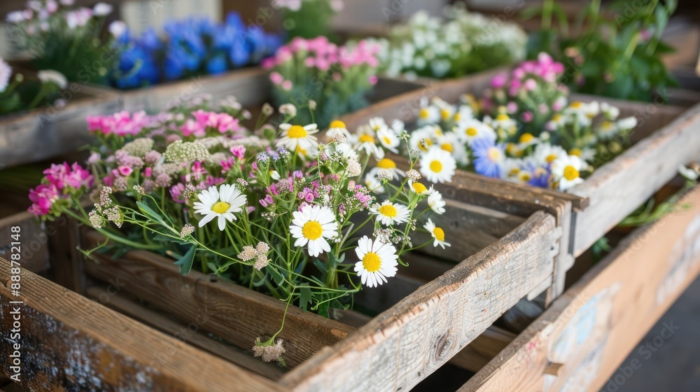 Wildflowers in a rustic wooden box display Wildflowers in a rustic wooden box display