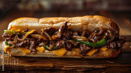 Philly cheesesteak sandwich with beef cheese green pepers and caramelized onion on wooden table photo