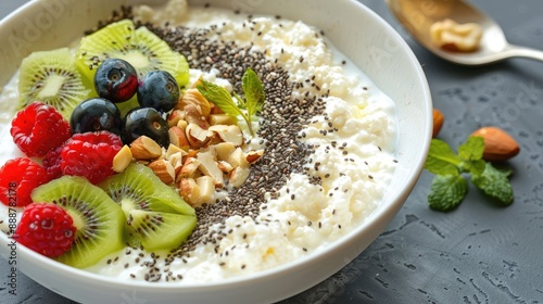 Breakfast cottage cheese with berries kiwi nuts and chia seeds in a white bowl top view