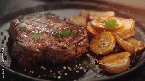 Well done steak served with chips with salt American cuisine