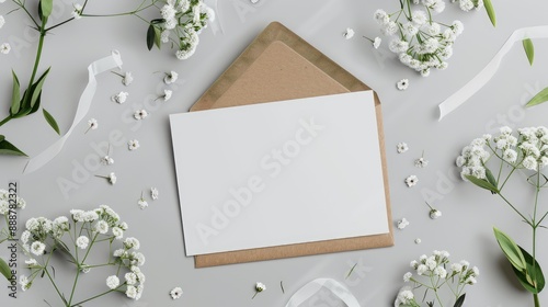 Blank wedding invitation card mockup with envelope and white flowers front and back sides mockup with copy space photo