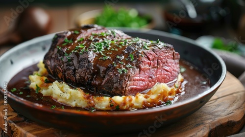 Large dish of Roast Beef with mashed potato gravy and sauce to share on a wooden table photo