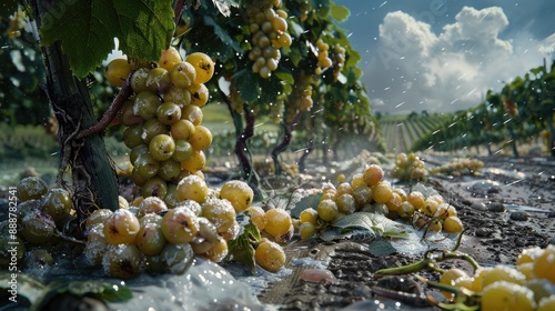 Vineyard and grapes damaged after severe storm with hail destroying the harvest The hailstorms have almost entirely wiped out harvest photo