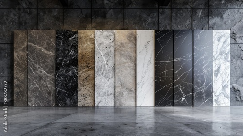 Obraz na płótnie Kitchen countertop slabs presented as showroom walls made of granite marble and quartz They can be used for magazine or letter presentation Slabs can be fabricated for tile floor or bathroom vanity w salonie