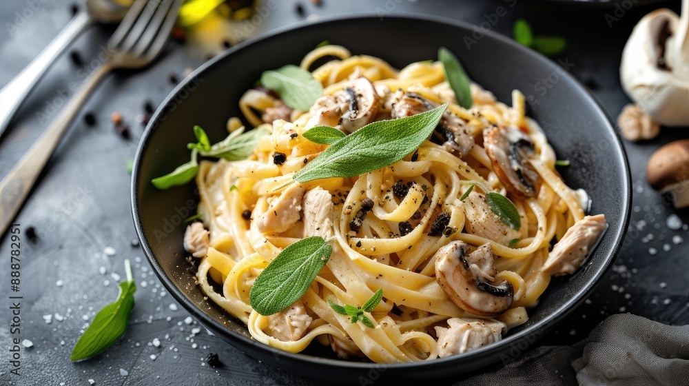Chicken Pepper Mushroom Alfredo linguine sprinkled with fresh sage leaves in black bowl on concrete table horizontal view from above flat lay free space Chicken Pepper Mushroom Alfredo linguine sprinkled with fresh sage leaves in black bowl on concrete table horizontal view from above flat lay free space