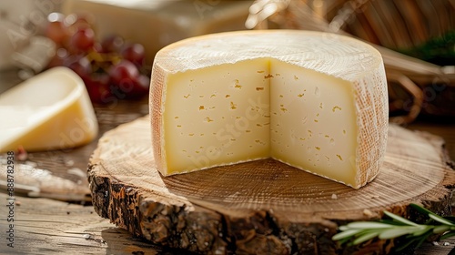 Traditional Italian asiago milk cheese offered as close up on a wooden board
