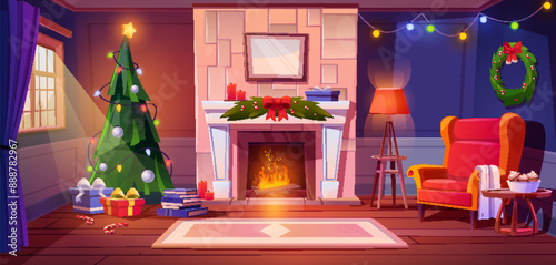 Christmas living room with fireplace. Vector cartoon illustration of cozy home interior with Xmas tree decorated with toys and garland, gift boxes on floor, armchair near fire, books on shelf, candles