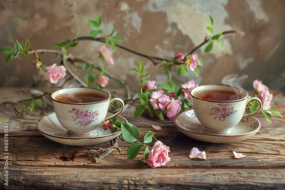 Two cups of tea and small pink roses on table Two cups of tea and small pink roses on table