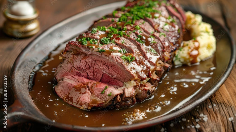 Large dish of Roast Beef with mashed potato gravy and sauce to share on a wooden table Large dish of Roast Beef with mashed potato gravy and sauce to share on a wooden table