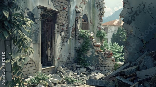 ruins and broken walls of the old house destroyed by the earthquake photo