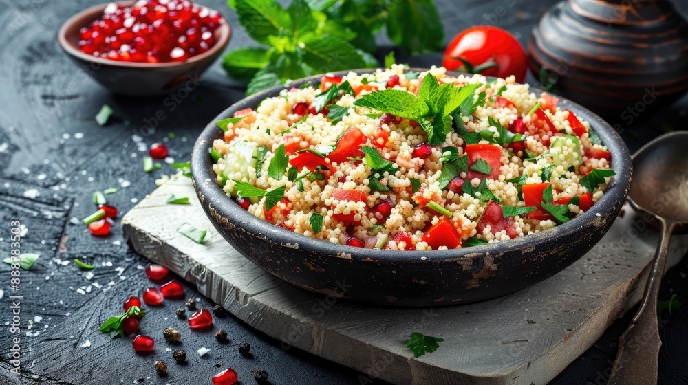 Tabbouleh salad with couscous tomato mint parsley and pomegranate seeds Traditional Middle Eastern cuisine