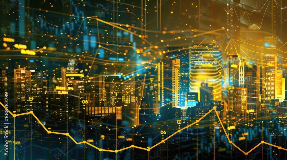 finance, graph, investment, chart, background, economy, financial, growth, money, stock. urban in front of, financial trends solid, yellow and blue line graphs in city background visualizing pulsing. finance, graph, investment, chart, background, economy, financial, growth, money, stock. urban in front of, financial trends solid, yellow and blue line graphs in city background visualizing pulsing.