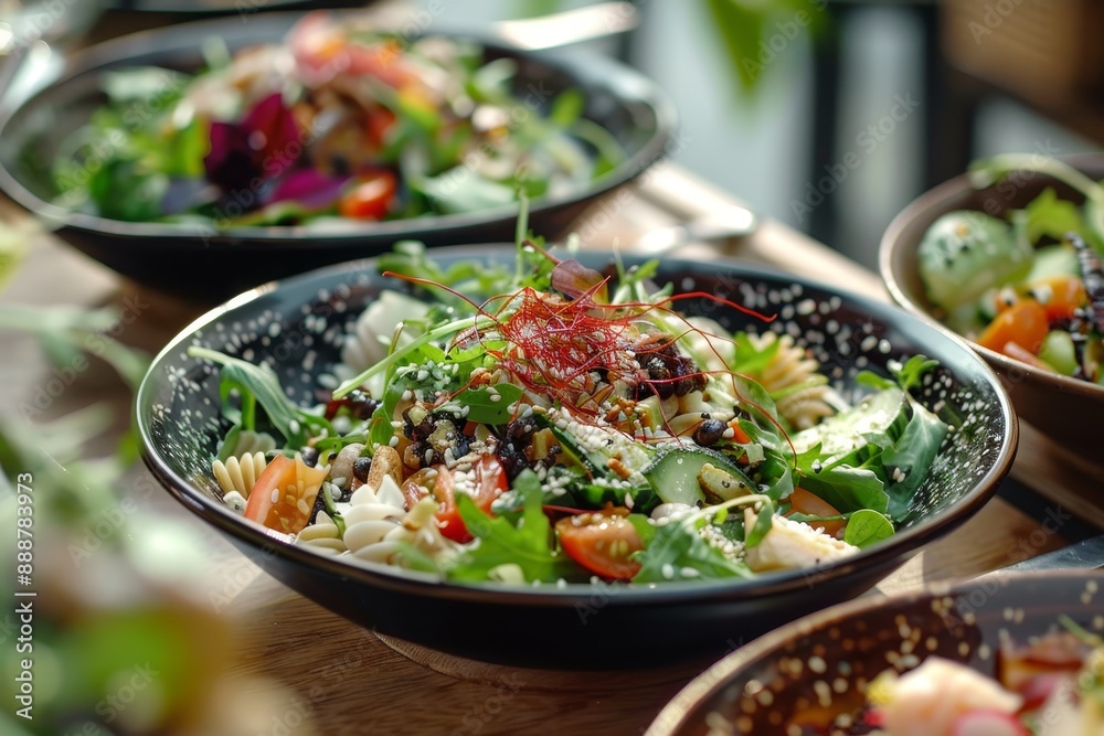 Variety of salads with kani pasta grains cucumber vegetables in stylish bowls Variety of salads with kani pasta grains cucumber vegetables in stylish bowls