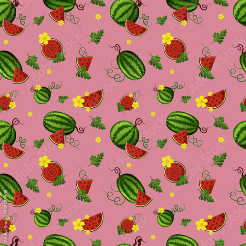 Seamless pattern with whole watermelons and slices, flowers on a pink backgraund. Vector illustration photo