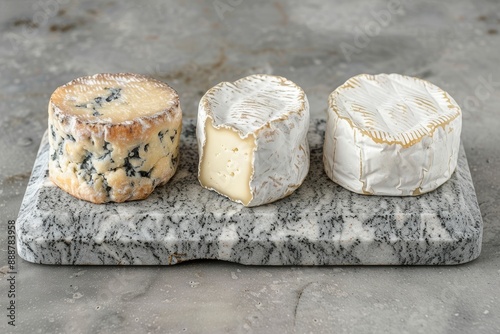 Variety of French goat cheeses served on marble board photo
