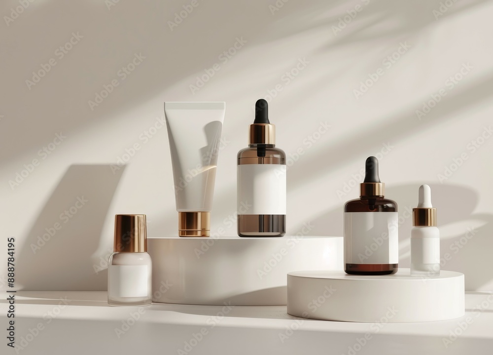 Various cream or serum bottles on a white stage No labels Natural beauty concept Mock up