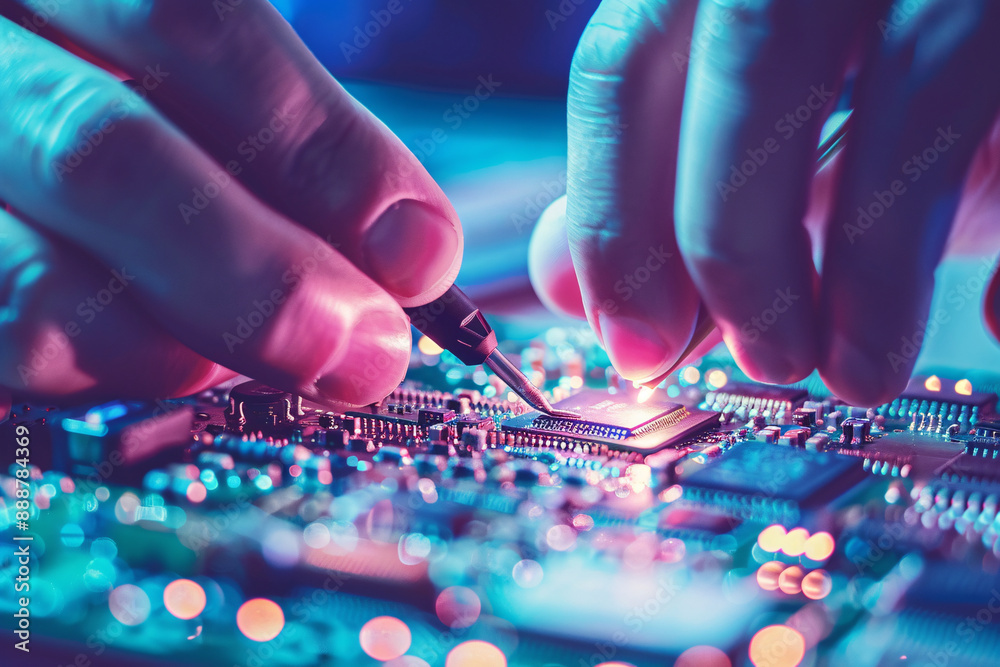 a person's hands working on a circuit board a person's hands working on a circuit board