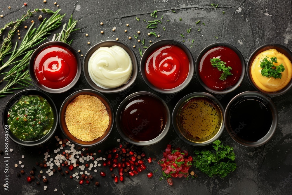 Various sauces on dark stone background Various sauces on dark stone background