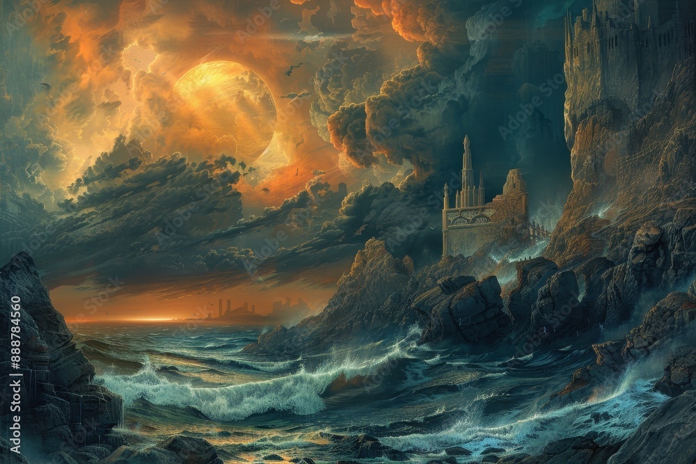 Towering castle stands tall against stormy sea and setting sun Towering castle stands tall against stormy sea and setting sun
