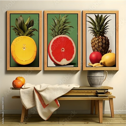 a set of three abstract posters depicting fruits in antique wooden frames on a wooden wall
