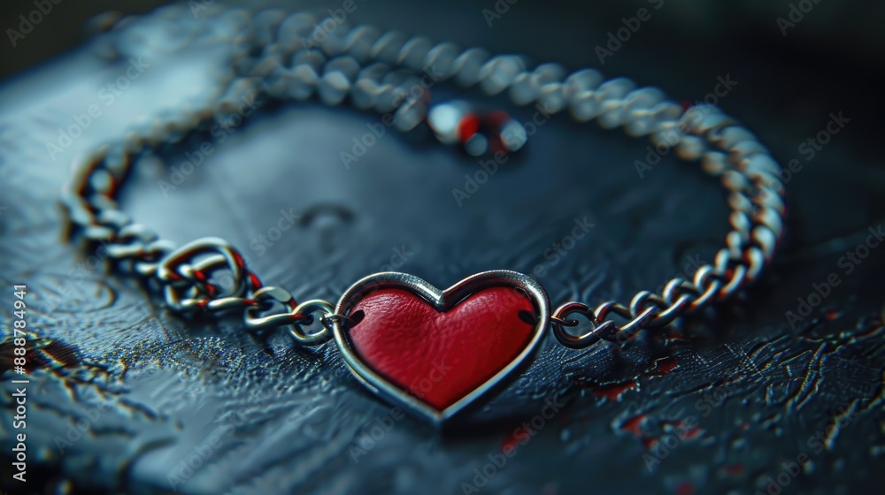Silver chain and red leather choker with heart symbol on dark background Silver chain and red leather choker with heart symbol on dark background
