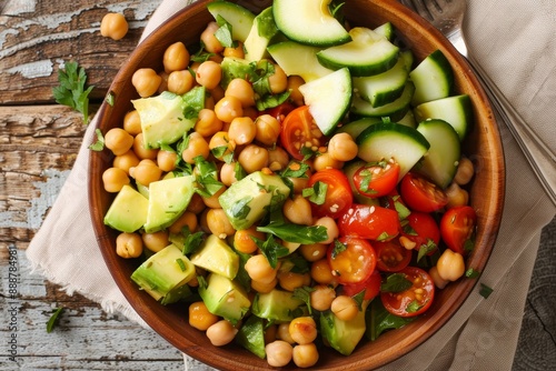 Vegan lunch bowl with avocado chickpeas and veggies salad Overhead view in a square photo © LimeSky
