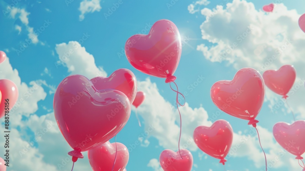 3d heart shaped balloons flying in the blue sky with clouds 