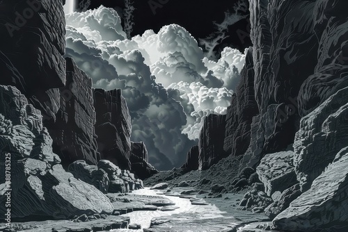 Dramatic black and white canyon landscape with river and clouds photo