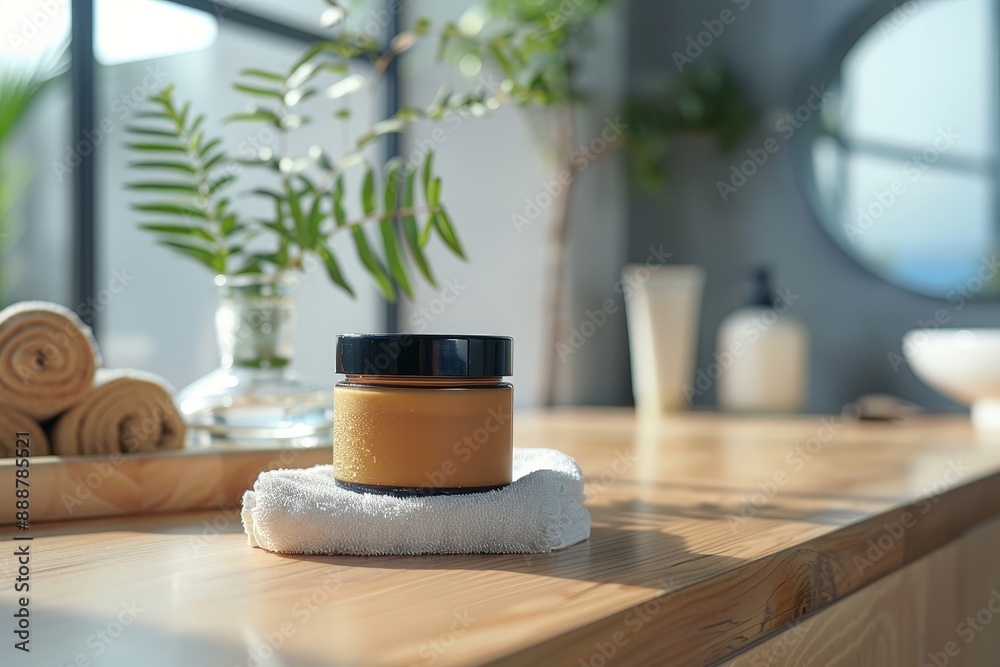 Empty product jar on a bathroom counter with a spa-like setting Empty product jar on a bathroom counter with a spa-like setting