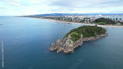 Moturiki Island Offshore Mount Maunganui Beach In The North Island Of New Zealand. Aerial Drone Shot photo