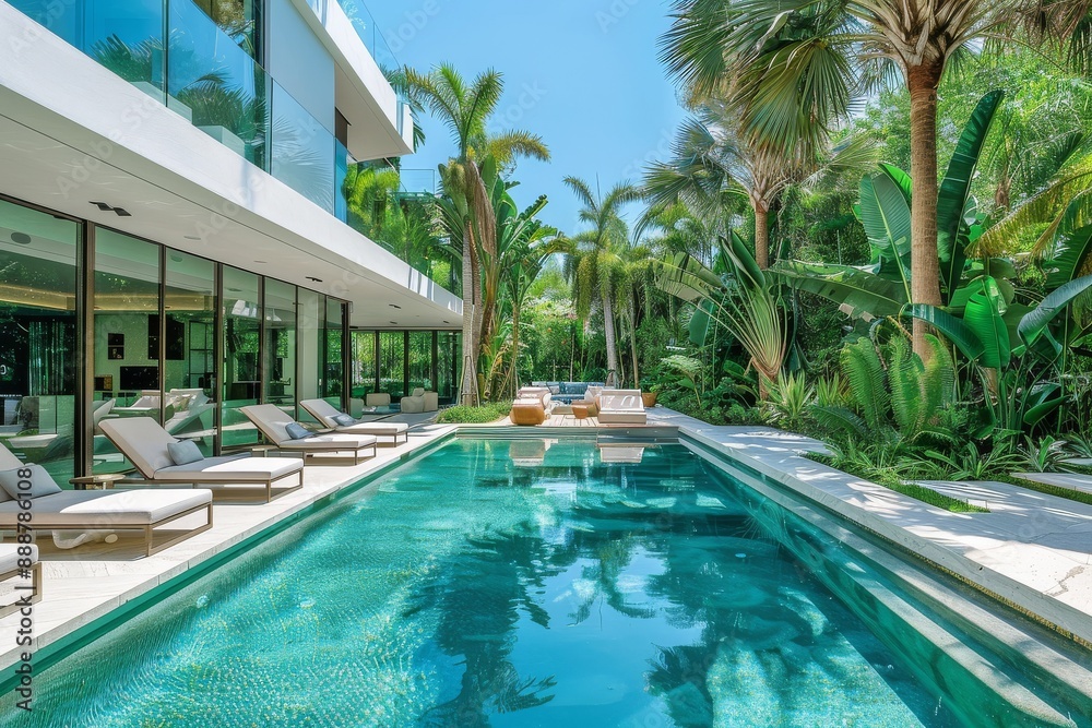 Sleek white modernist house with palm trees, lush greenery, elegant pool, and large windows showcasing Bogue Beach's turquoise water in Miami. Sleek white modernist house with palm trees, lush greenery, elegant pool, and large windows showcasing Bogue Beach's turquoise water in Miami.