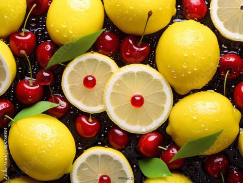 a group of lemons and cherries