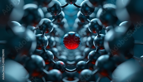 Abstract 3D model of a molecule with red atoms and blue bonds, isolated on a dark blue background. photo