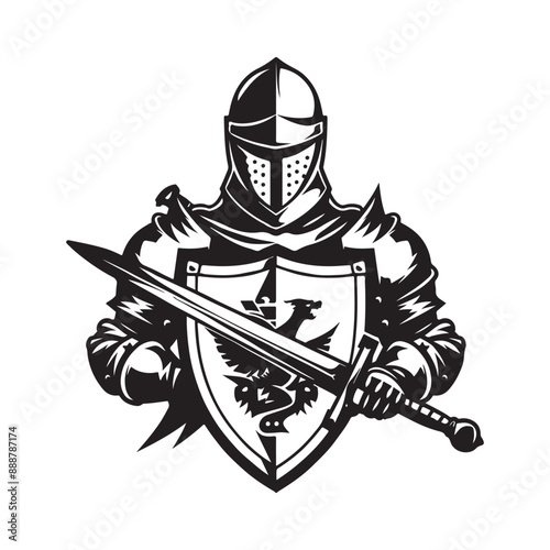 Knight with sword and shield logo vector illustration Stock Vector on white background