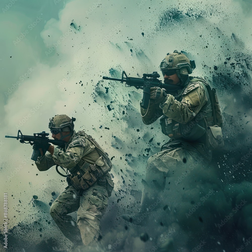 Soldiers holding rifles in the midst of war, conveying the intensity and gravity of armed conflict. Courage, and sacrifice of military personnel as they navigate the challenges and uncertainties Soldiers holding rifles in the midst of war, conveying the intensity and gravity of armed conflict. Courage, and sacrifice of military personnel as they navigate the challenges and uncertainties