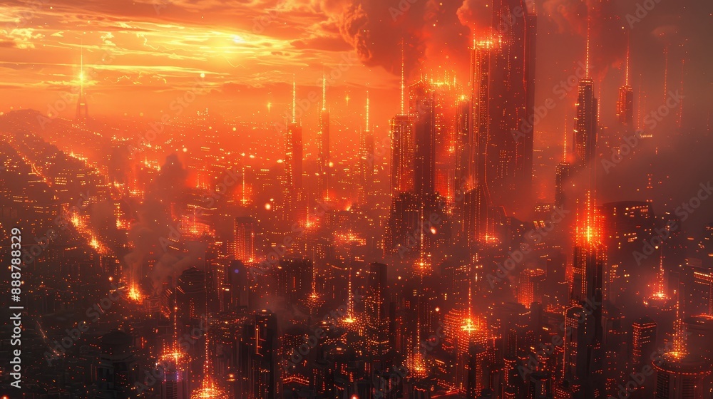 Fototapeta premium A breathtaking futuristic cityscape at dusk engulfed in vibrant red and orange hues with towering skyscrapers, emitting beams of light.