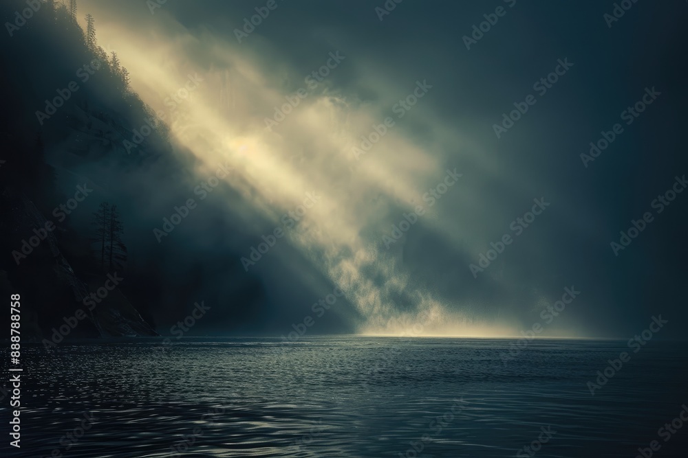 Sunlight shines through trees in a dim forest, A soft, ethereal glow seeping through the darkness. AI generated Sunlight shines through trees in a dim forest, A soft, ethereal glow seeping through the darkness. AI generated