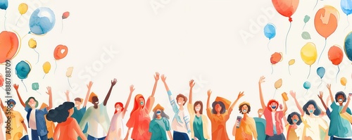 Diverse group of people celebrating with balloons, illustration, watercolor