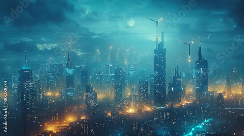 Futuristic cityscape at night with illuminated skyscrapers and neon lights under a cloudy sky. A vibrant and advanced urban landscape.