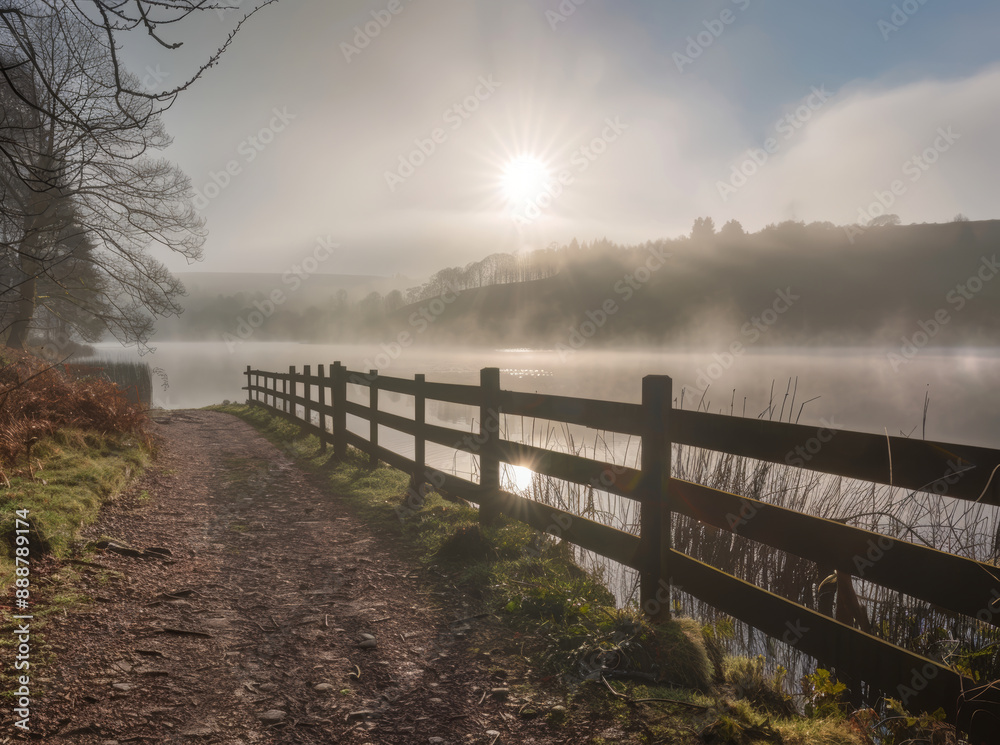 Naklejka premium A misty morning in the lake district, a wooden fence along an amber woodland trail leading to water and a distant sun breaking through the fog... 