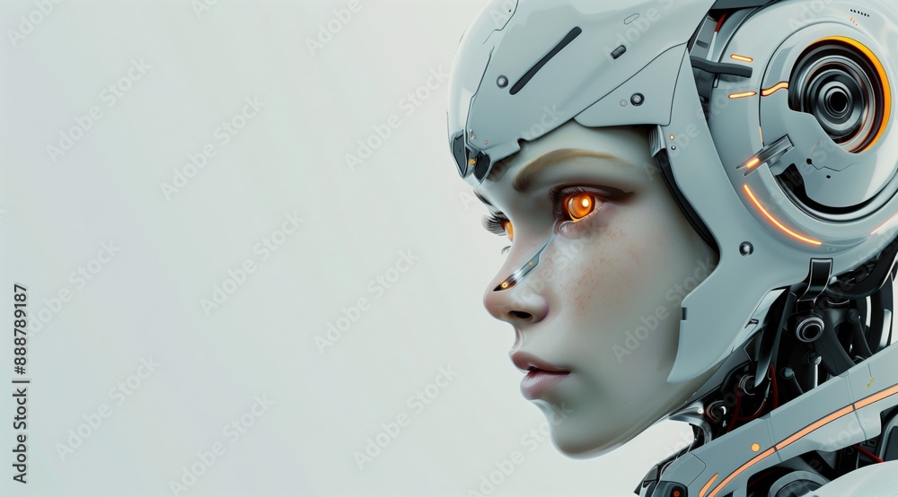 Profile of Futuristic Female Robot with Glowing Eyes in Minimalist Style Profile of Futuristic Female Robot with Glowing Eyes in Minimalist Style