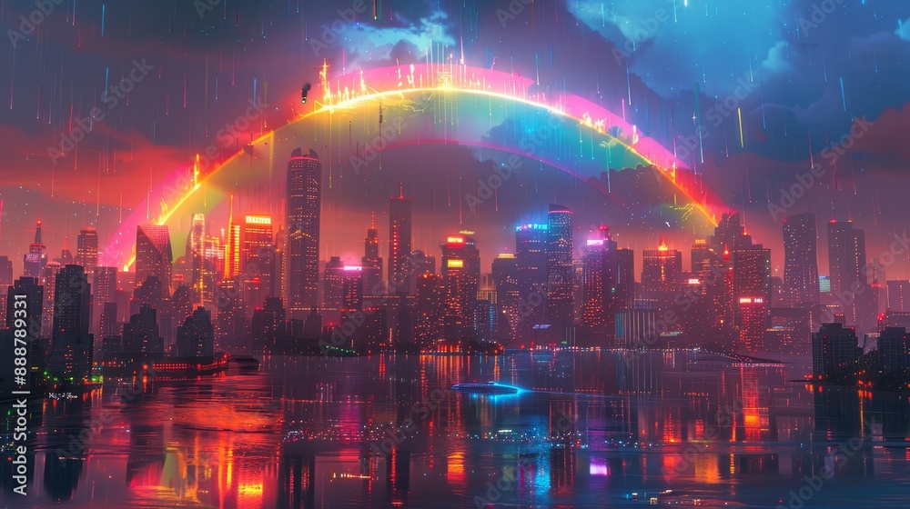 Fototapeta premium Stunning futuristic cityscape with vibrant neon lights and a mesmerizing rainbow arch in the sky reflecting over calm water.